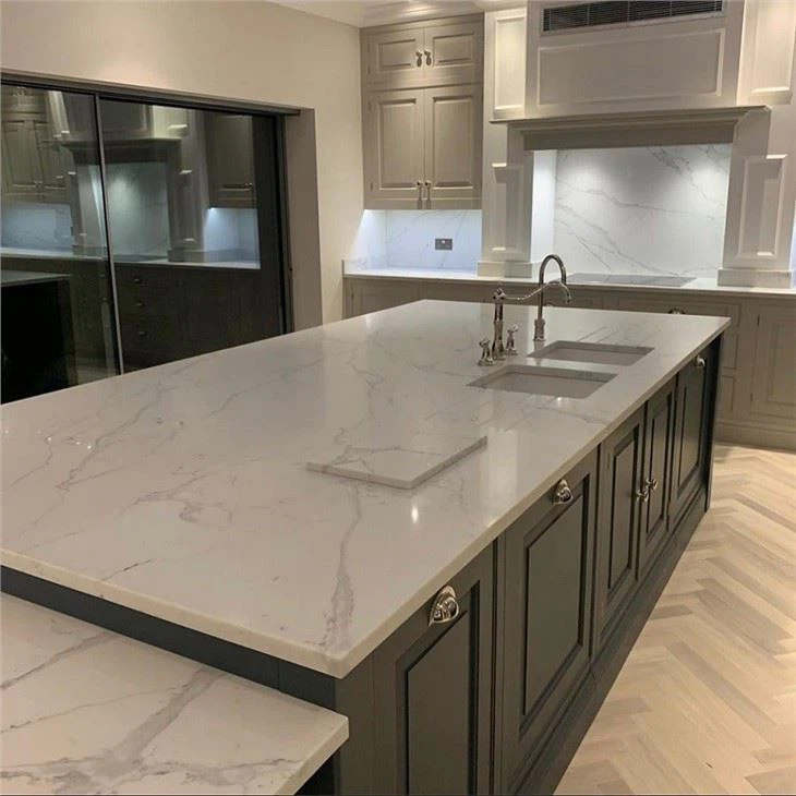 White Calacatta Borghini Quartz kitchen island